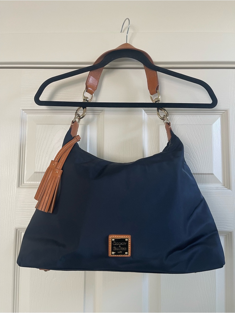 Dooney & Bourke Navy Blue Nylon Hobo Shoulder Bag W/ Brown Leather Trim Tassel